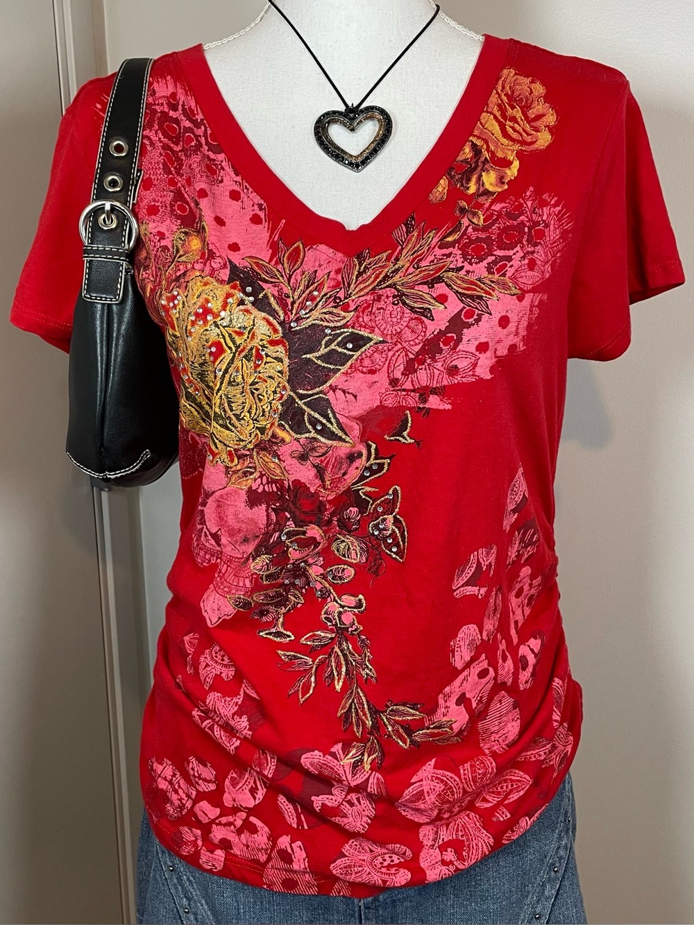 Grunge Mcbling Red Gold Silver Bedazzled Floral Large V-neck Shirt